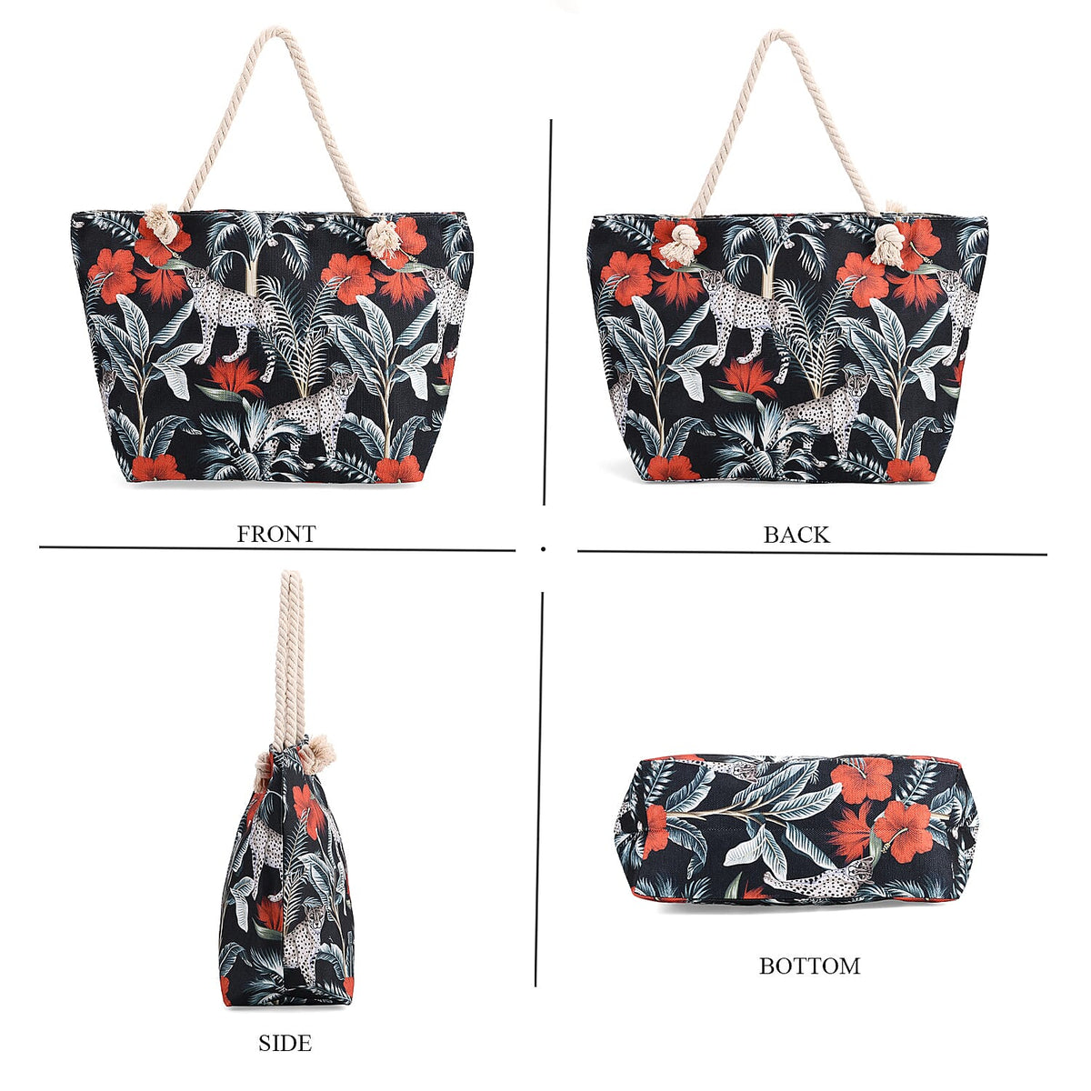 Leopard &amp; Flower Pattern Tote Bag with Rope Handles - Black &amp; White 8087783 4