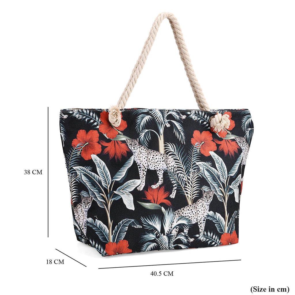 Leopard & Flower Pattern Tote Bag with Rope Handles - Black & White