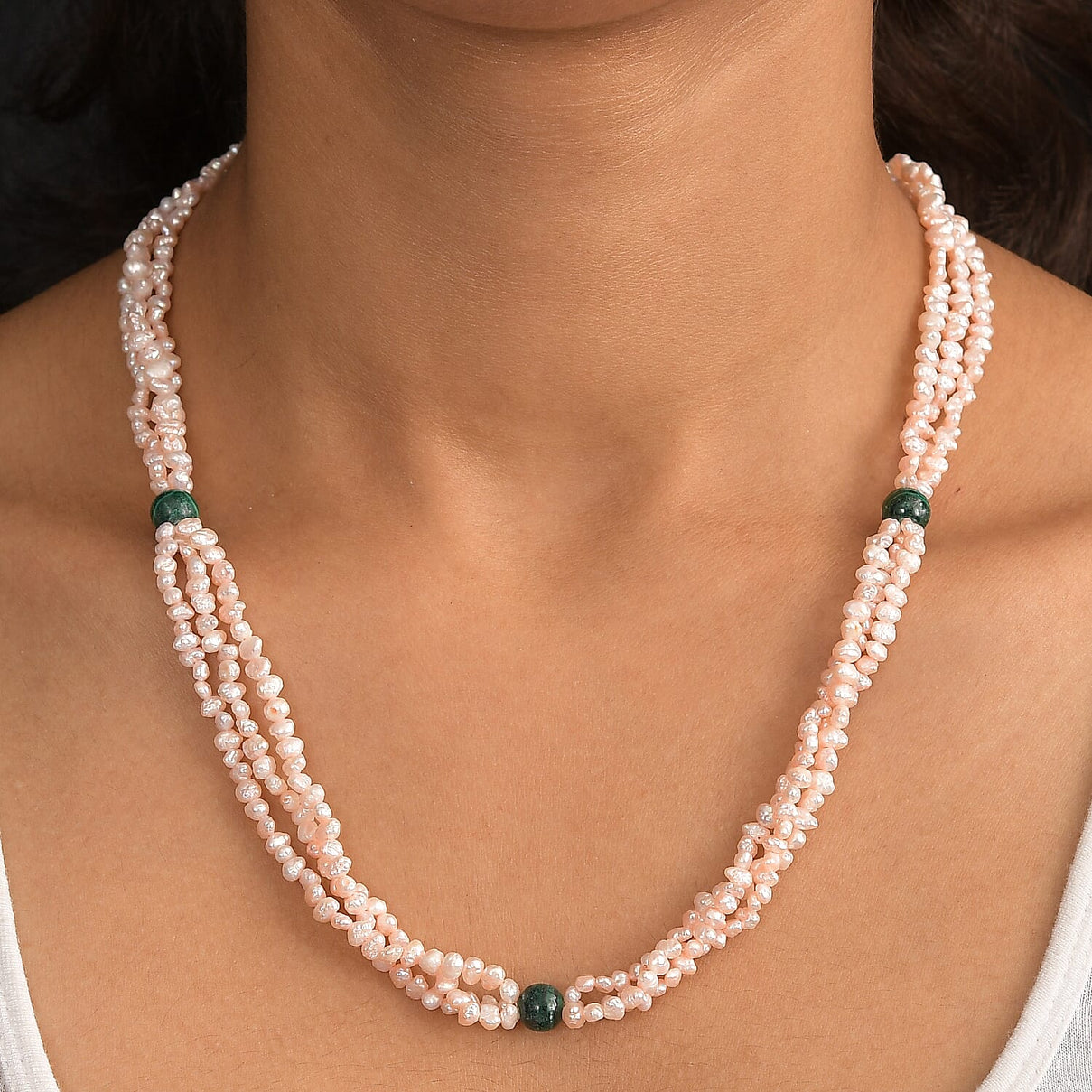 Light Pick Dyed Pearl &amp; Malachite Stone Endless Necklace (Size 34) 280.00 Ct. 8257805 1