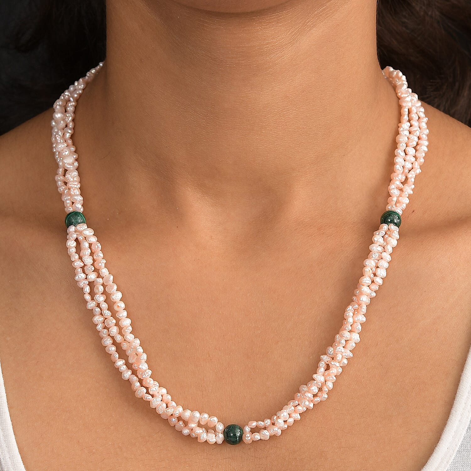 Light Pick Dyed Pearl &amp; Malachite Stone Endless Necklace (Size 34) 280.00 Ct. 8257805 1
