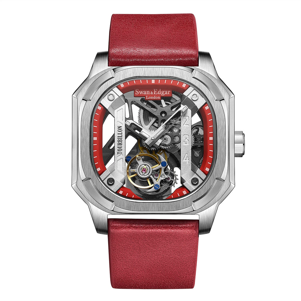 Limited Edition Swan - Edgar Hand Assembled Vortex Tourbillon Automatic Skeleton Dial WR Watch With Red Leather Bracelet
