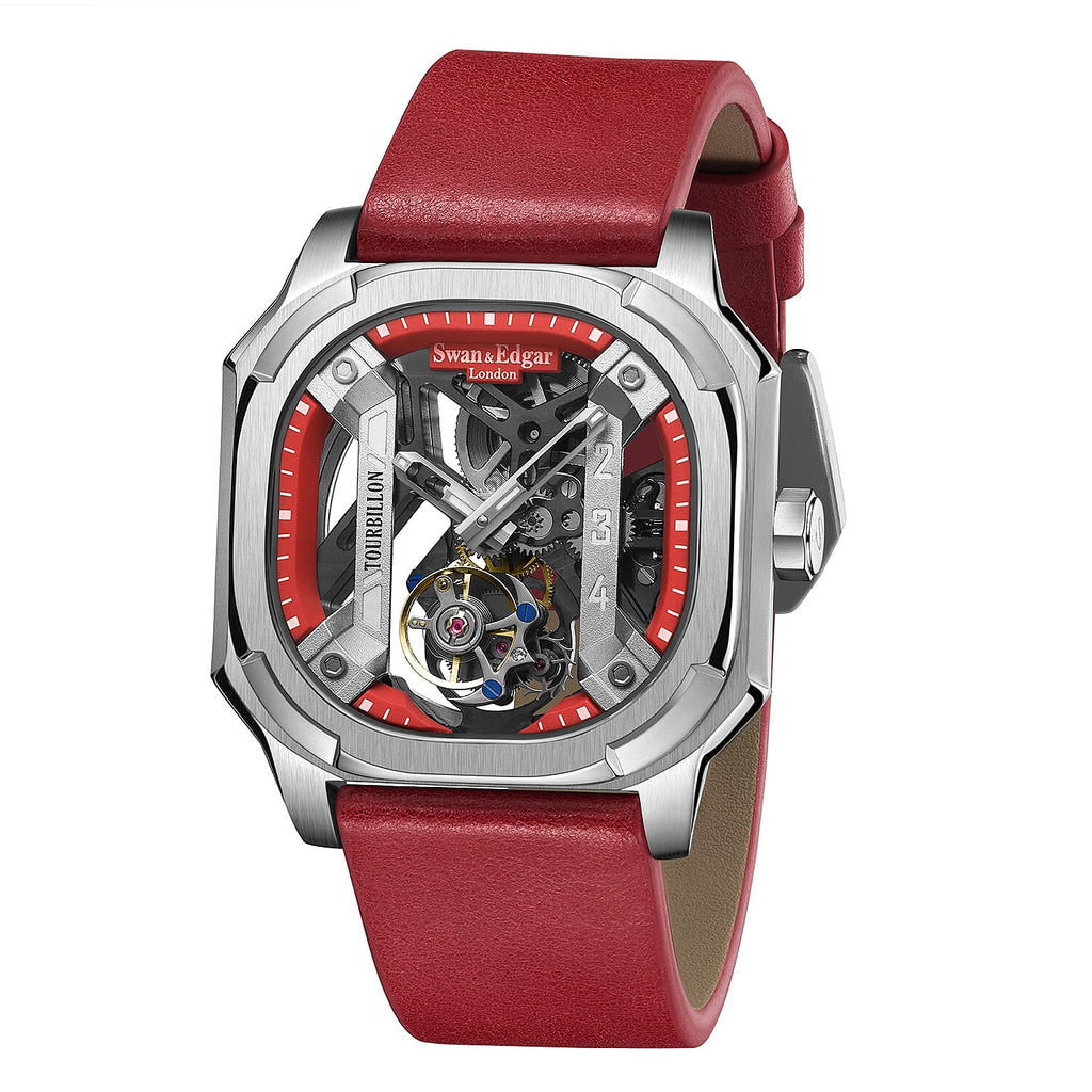 Limited Edition Swan - Edgar Hand Assembled Vortex Tourbillon Automatic Skeleton Dial WR Watch With Red Leather Bracelet