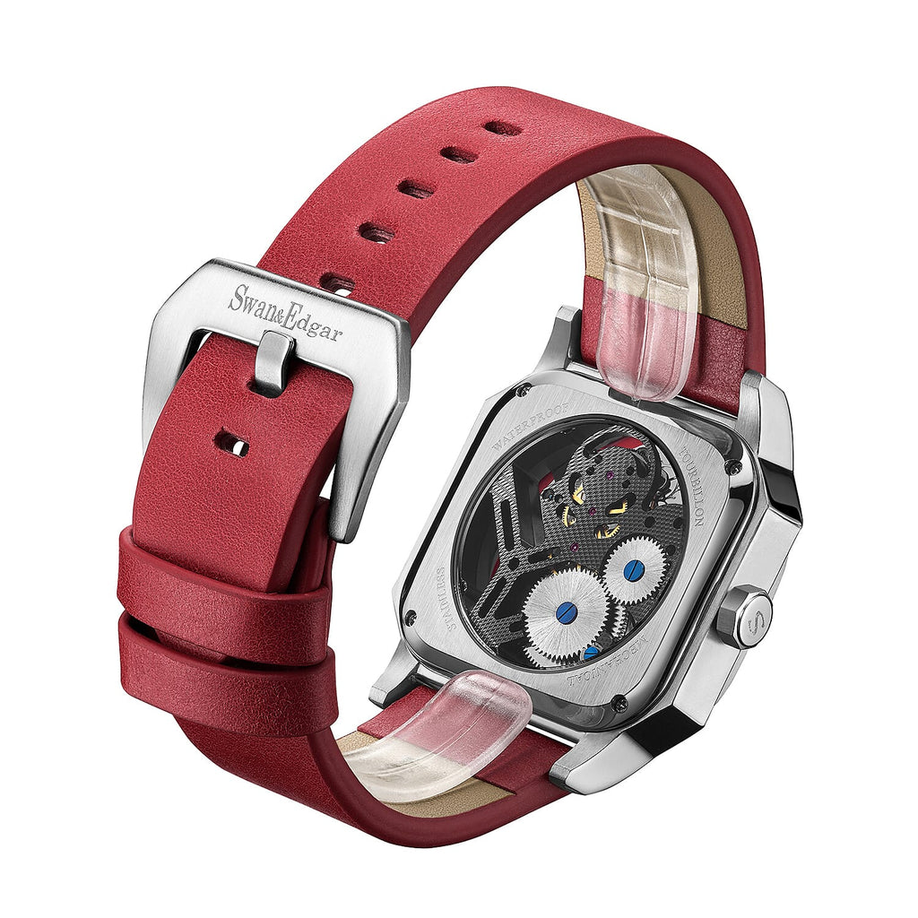 Limited Edition Swan - Edgar Hand Assembled Vortex Tourbillon Automatic Skeleton Dial WR Watch With Red Leather Bracelet