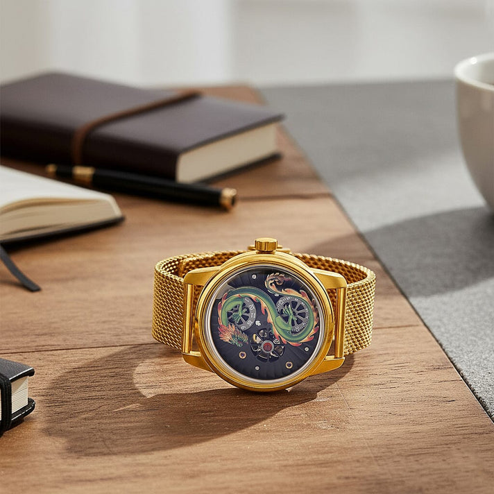 Limited Edition William Hunt London Dragon Watch with Automatic Movt. 5 ATM Water Resistancy, Blue Sapphire Crystal Dial and Adjustable Milanese Strap - Gold 8309874 2