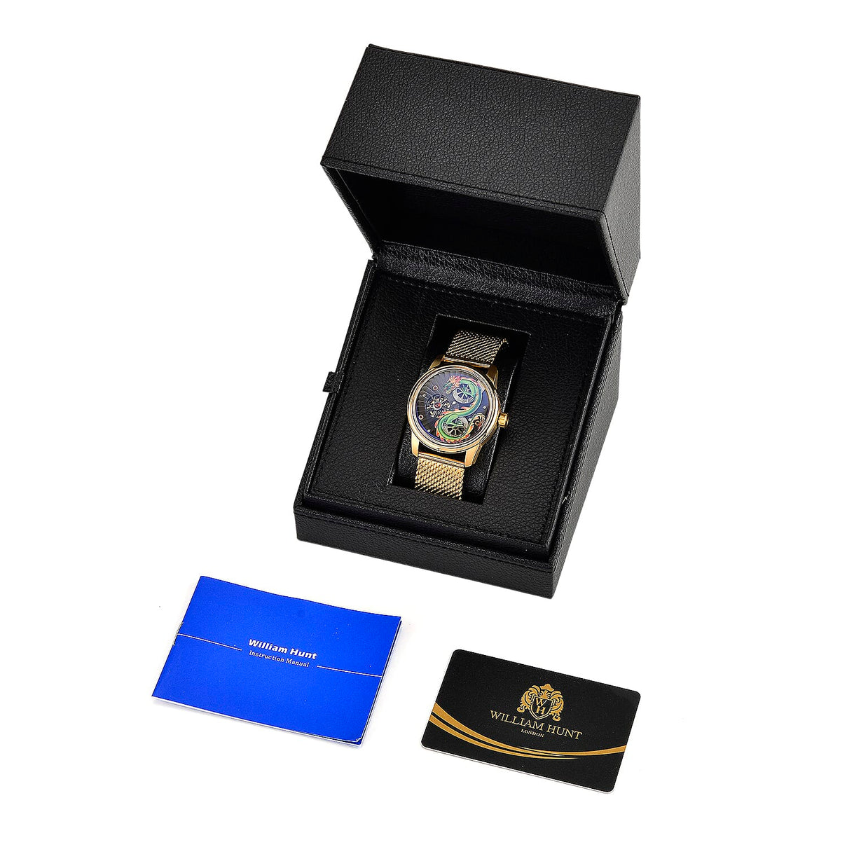 Limited Edition William Hunt London Dragon Watch with Automatic Movt. 5 ATM Water Resistancy, Blue Sapphire Crystal Dial and Adjustable Milanese Strap - Gold 8309874 9