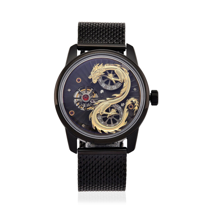 Limited Edition William Hunt London Dragon Watch with Automatic Movt. 5 ATM Water Resistancy, Blue Sapphire Crystal Dial and Adjustable Milanese Strap - Black Gold 8309883 1