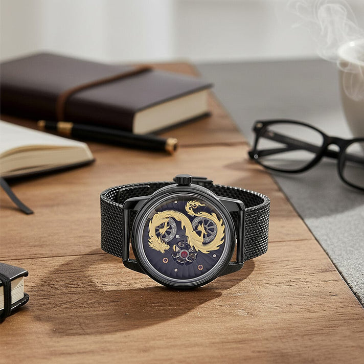 Limited Edition William Hunt London Dragon Watch with Automatic Movt. 5 ATM Water Resistancy, Blue Sapphire Crystal Dial and Adjustable Milanese Strap - Black Gold 8309883 2