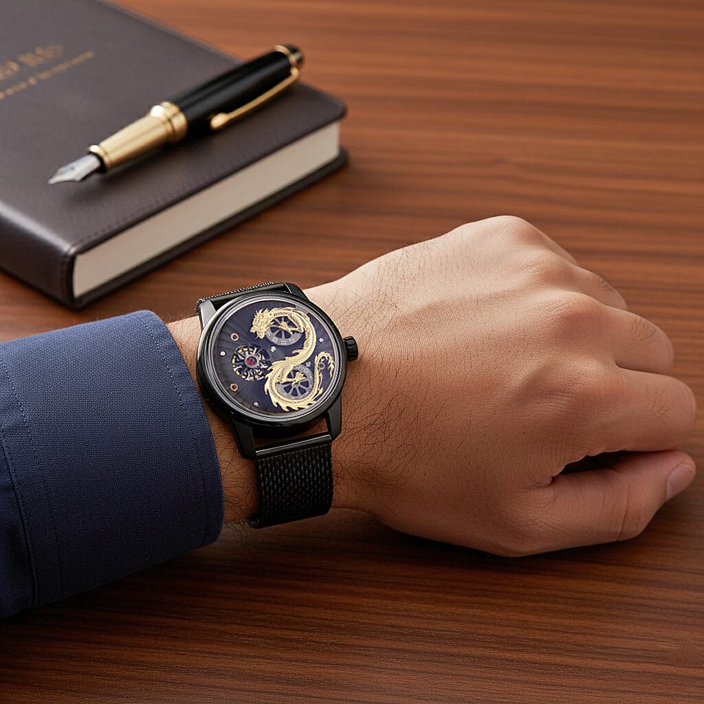 Limited Edition William Hunt London Dragon Watch with Automatic Movt. 5 ATM Water Resistancy, Blue Sapphire Crystal Dial and Adjustable Milanese Strap - Black Gold 8309883 3