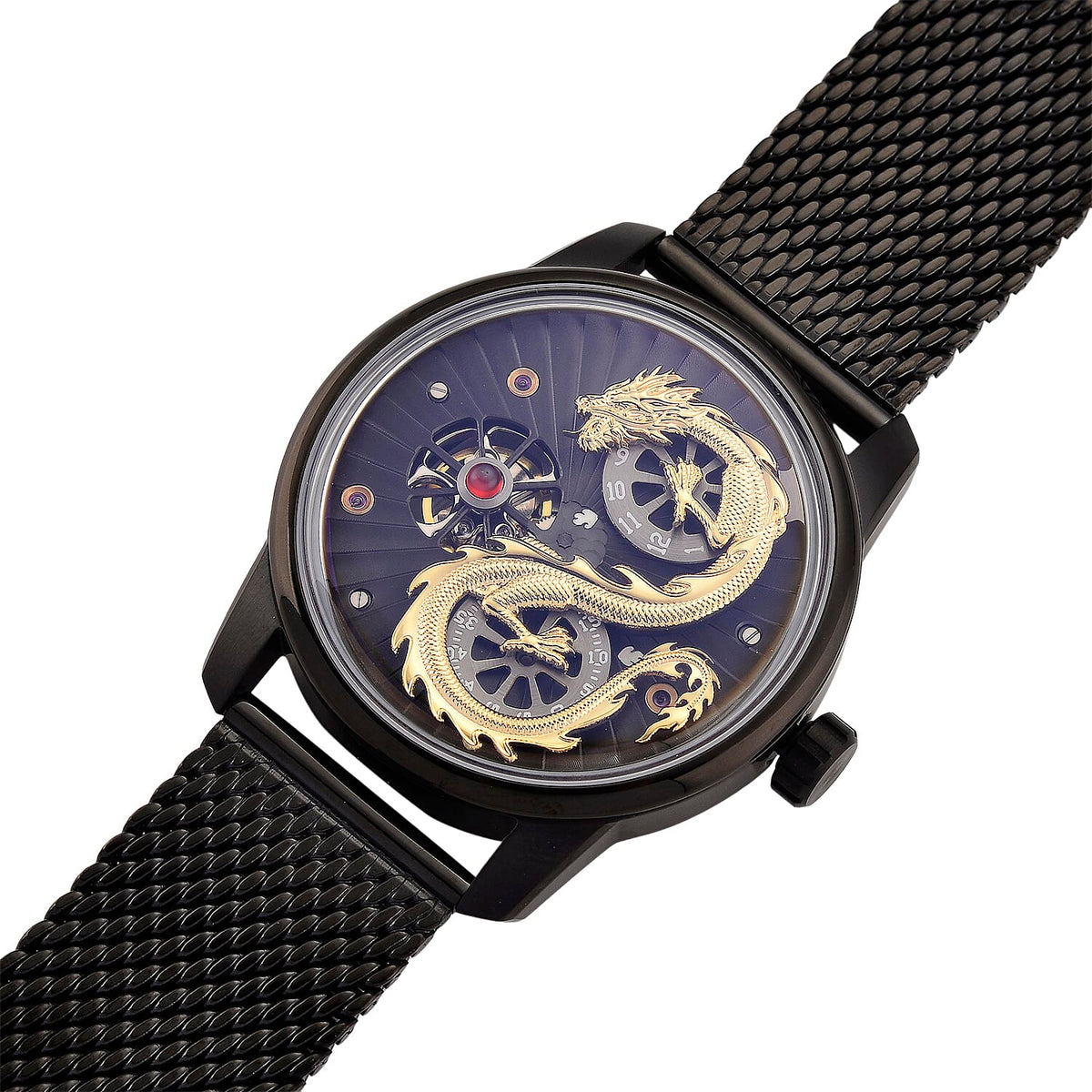 Limited Edition William Hunt London Dragon Watch with Automatic Movt. 5 ATM Water Resistancy, Blue Sapphire Crystal Dial and Adjustable Milanese Strap - Black Gold 8309883 8