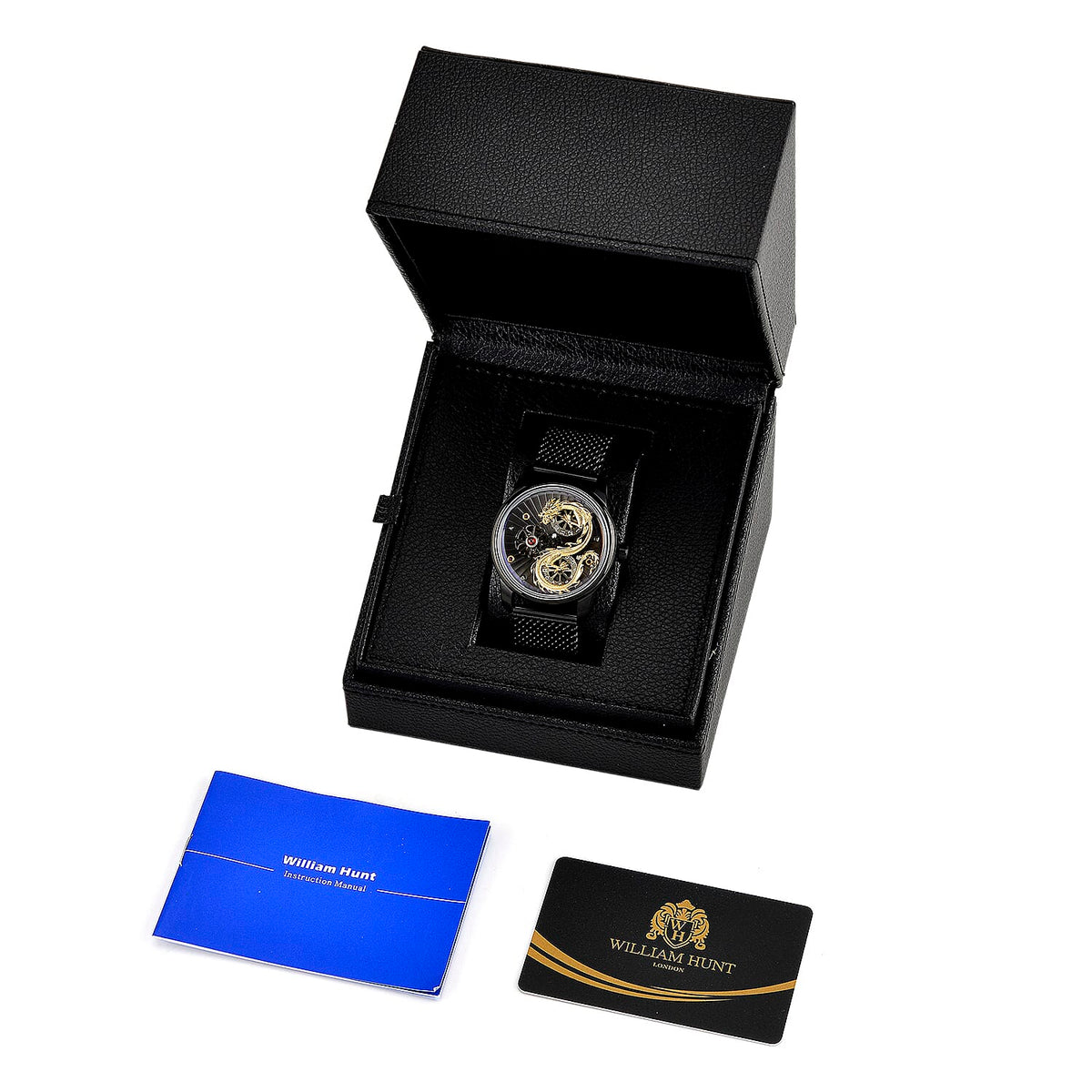 Limited Edition William Hunt London Dragon Watch with Automatic Movt. 5 ATM Water Resistancy, Blue Sapphire Crystal Dial and Adjustable Milanese Strap - Black Gold 8309883 10