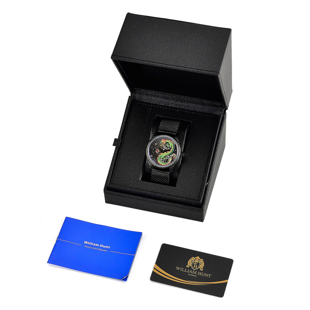 Limited Edition William Hunt London Dragon Watch with Automatic Movt. 5 ATM Water Resistancy, Blue Sapphire Crystal Dial and Adjustable Milanese Strap - Black Neon 8309885 8