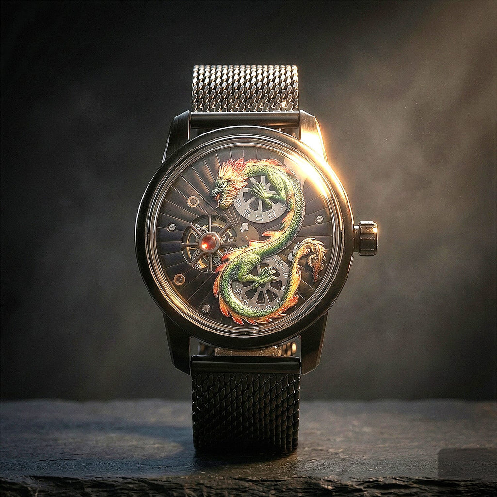 Limited Edition William Hunt London Dragon Watch with Automatic Movt. 5 ATM Water Resistancy, Blue Sapphire Crystal Dial and Adjustable Milanese Strap - Black Neon