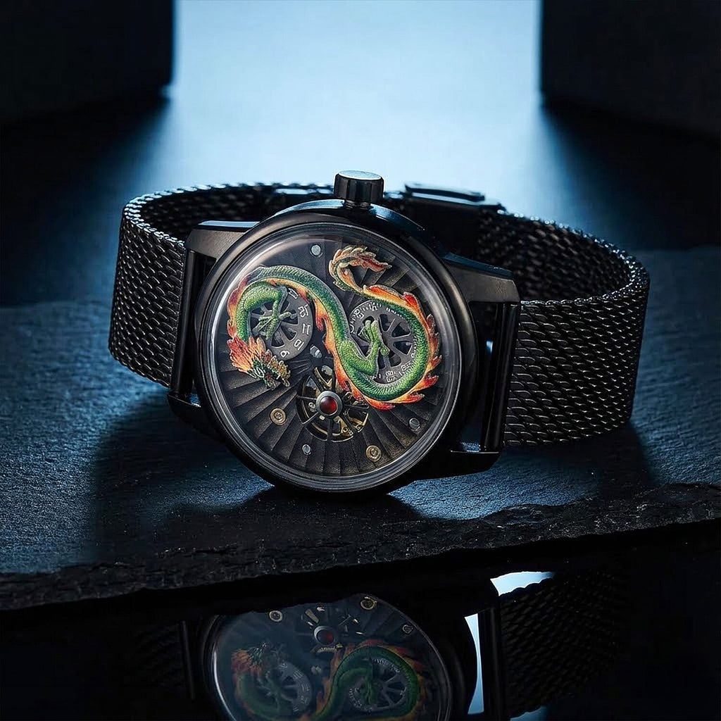 Limited Edition William Hunt London Dragon Watch with Automatic Movt. 5 ATM Water Resistancy, Blue Sapphire Crystal Dial and Adjustable Milanese Strap - Black Neon