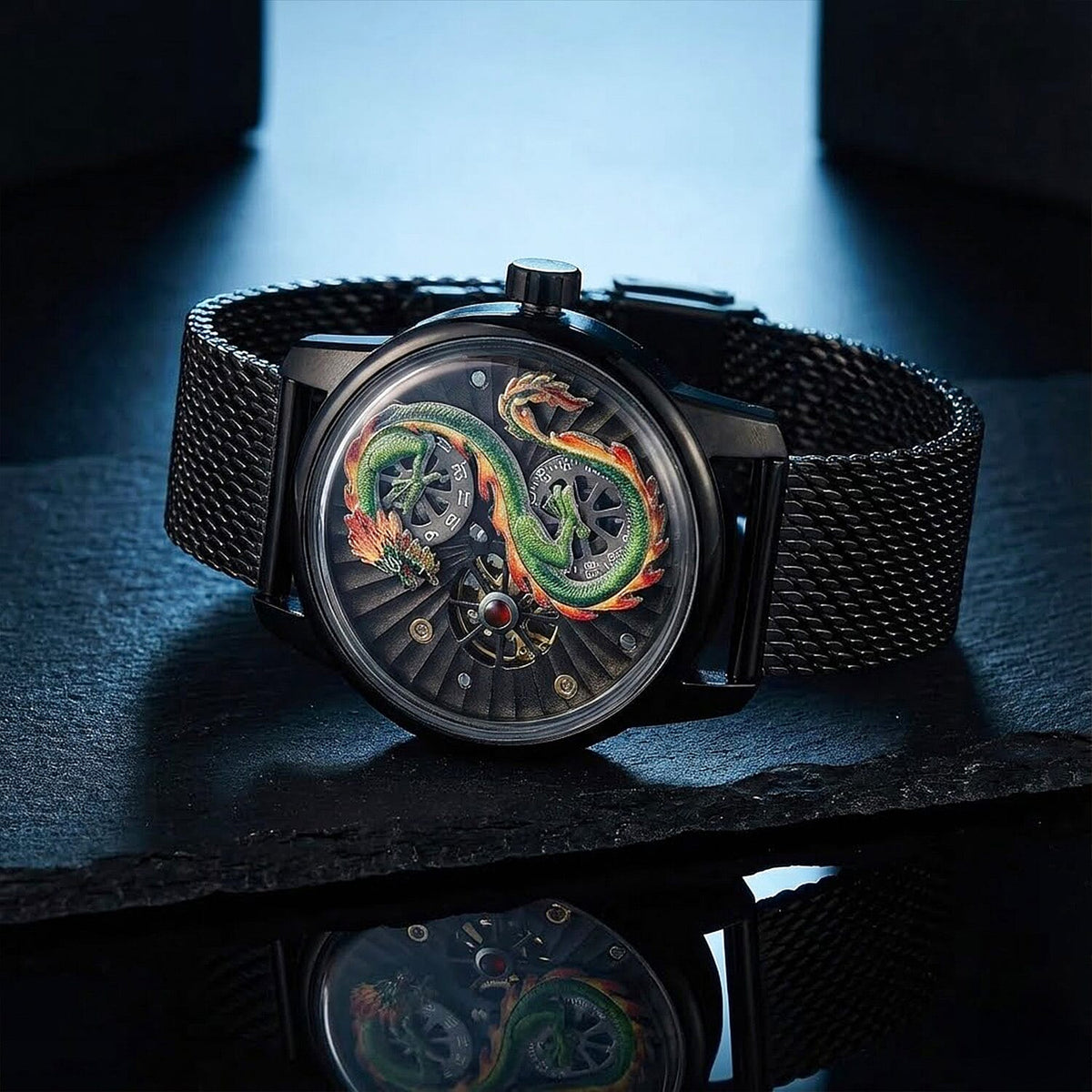 Limited Edition William Hunt London Dragon Watch with Automatic Movt. 5 ATM Water Resistancy, Blue Sapphire Crystal Dial and Adjustable Milanese Strap - Black Neon 8309885 6