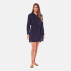 Charlotte West Midi Linen Belted Shirt Dress (Size 12) - Navy - Linen-Viscose