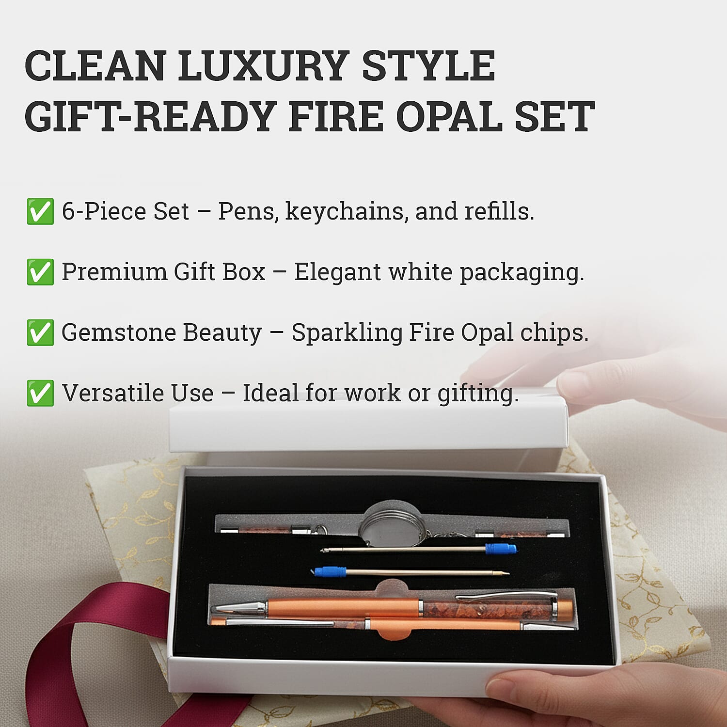 LIVMORE Fire Opal Gemstone Pen Set with 2 Keychains and 2 Refills - Orange 8256423 3