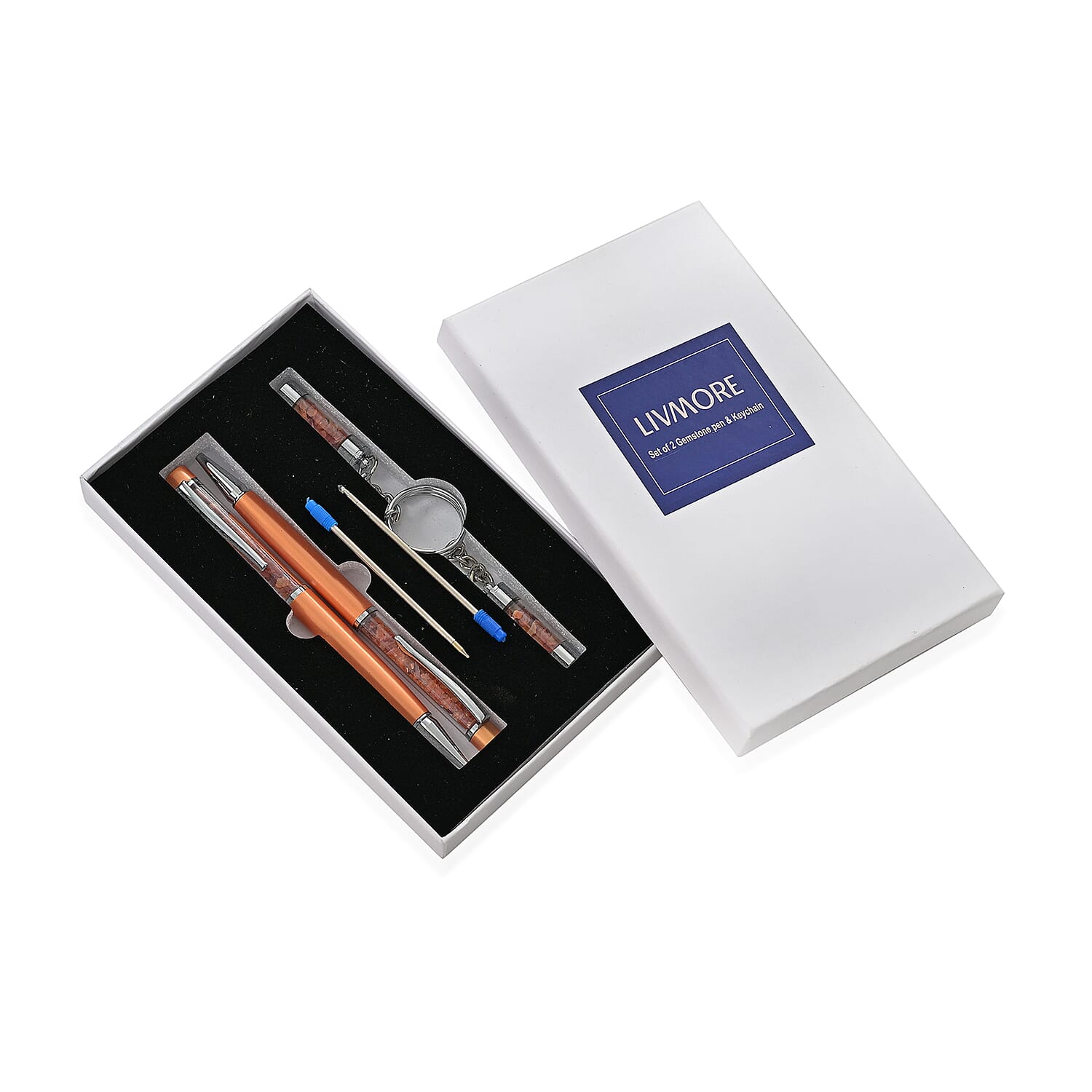 LIVMORE Fire Opal Gemstone Pen Set with 2 Keychains and 2 Refills - Orange 8256423 8