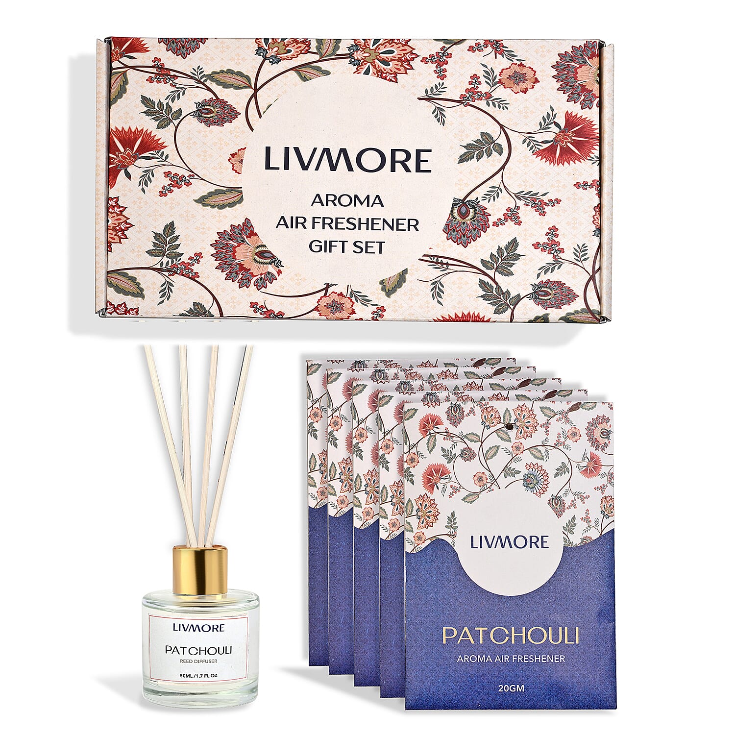 Livmore Patchouli Home Fragrance Set -  Contains 50ml Reed Diffuser with 4 Reed Sticks and 6 Fragrance Sachets V32366554 0