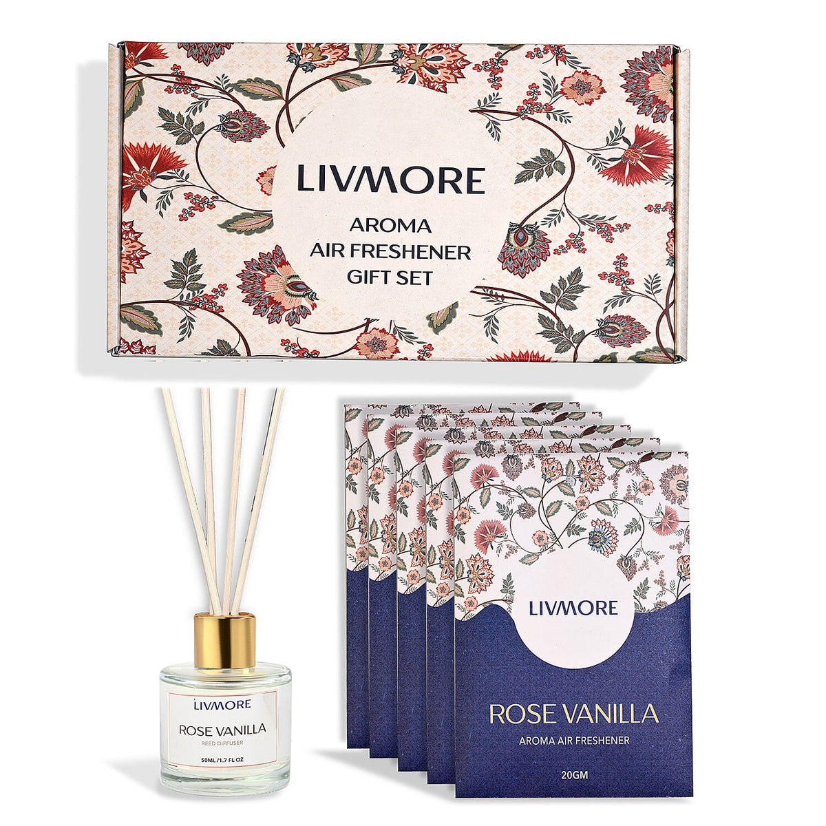 Livmore Rose Vanilla Home Fragrance Set -  Contains 50ml Reed Diffuser with 4 Reed Sticks and 6 Fragrance Sachets V32530650 0