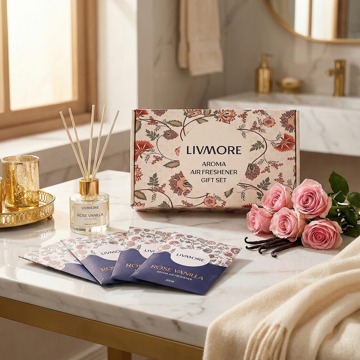 Livmore Rose Vanilla Home Fragrance Set -  Contains 50ml Reed Diffuser with 4 Reed Sticks and 6 Fragrance Sachets V32530650 2