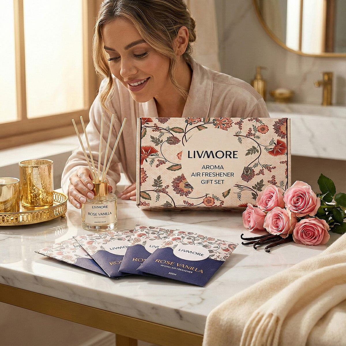 Livmore Rose Vanilla Home Fragrance Set -  Contains 50ml Reed Diffuser with 4 Reed Sticks and 6 Fragrance Sachets V32530650 3