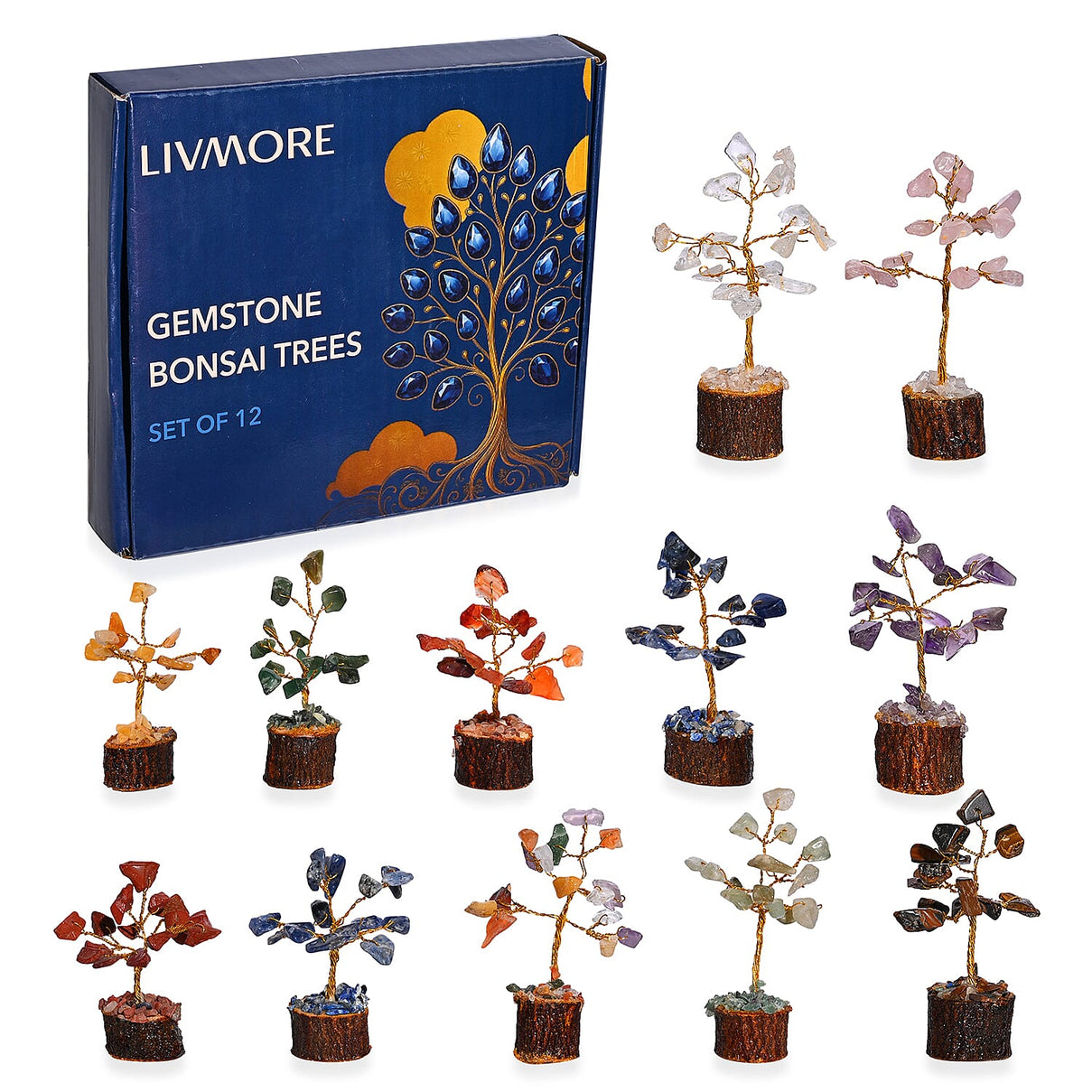 Tucson Find  Deal Livmore Set of 12 Gemstone Bonsai Trees (5.08cm) - Multi Colour 8279046 0