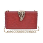 Closeout Deal - Snake Skin Pattern Clutch Bag with Leaf Clasp Closure - Maroon