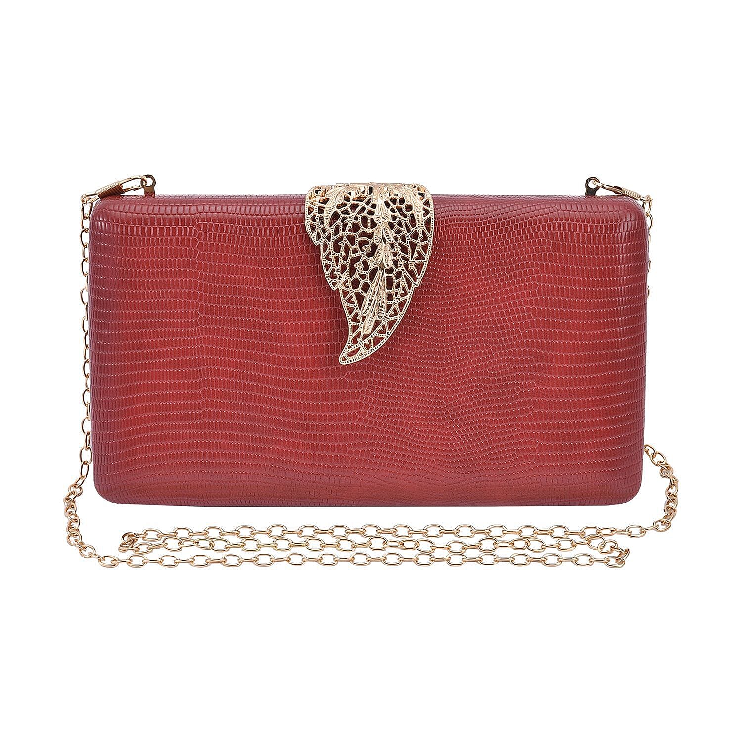 Lizard Skin Pattern Clutch Bag with Leaf Clasp Closure - Maroon 7163947 0