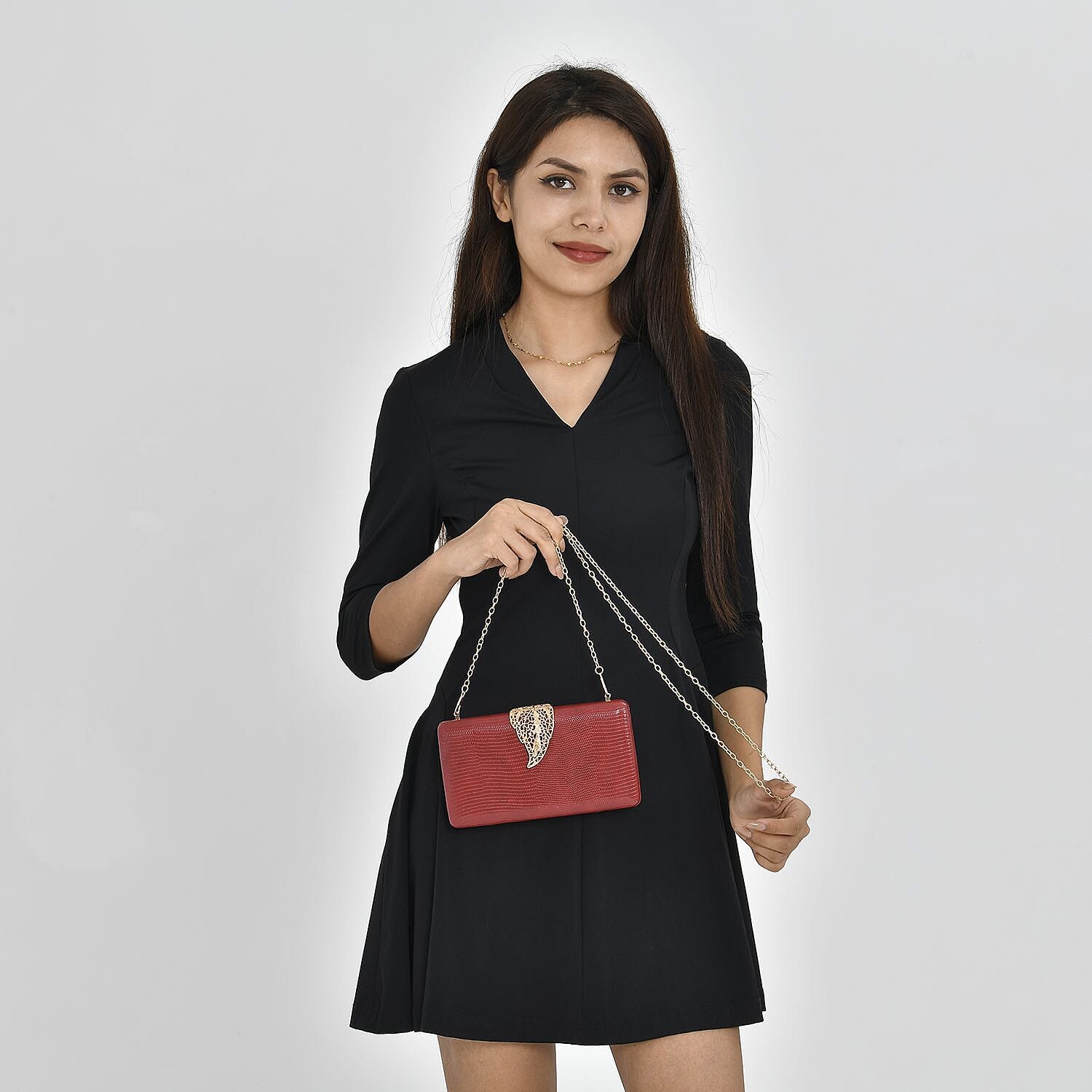 Lizard Skin Pattern Clutch Bag with Leaf Clasp Closure - Maroon 7163947 1