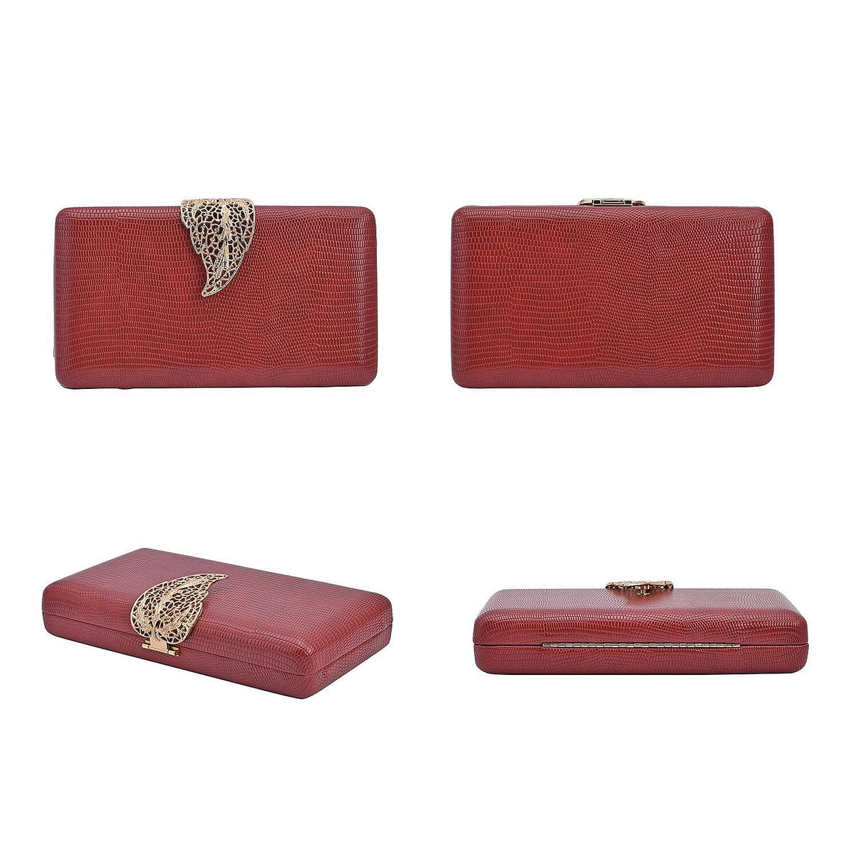 Lizard Skin Pattern Clutch Bag with Leaf Clasp Closure - Maroon 7163947 3