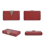 Closeout Deal - Snake Skin Pattern Clutch Bag with Leaf Clasp Closure - Maroon