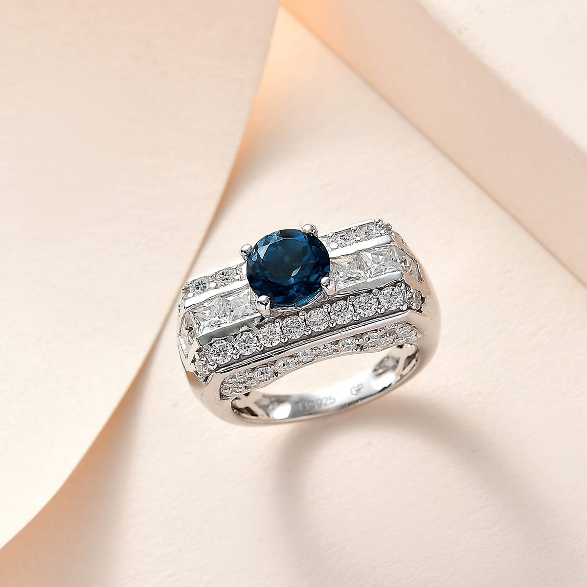 GP Art Deco Collection - London Blue Topaz &amp; Moissanite Ring in Platinum Overlay Sterling Silver 3.52 Ct, Silver Wt 6.95 Gms 7658682 1