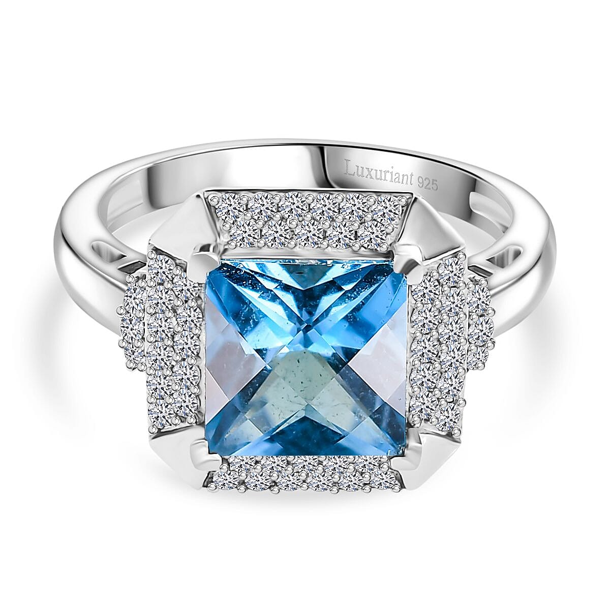 LUXURIANT London Blue Topaz, Lab Grown Diamond Halo Ring in Rhodium Overlay Sterling Silver 3.39 Ct. 8189857 0