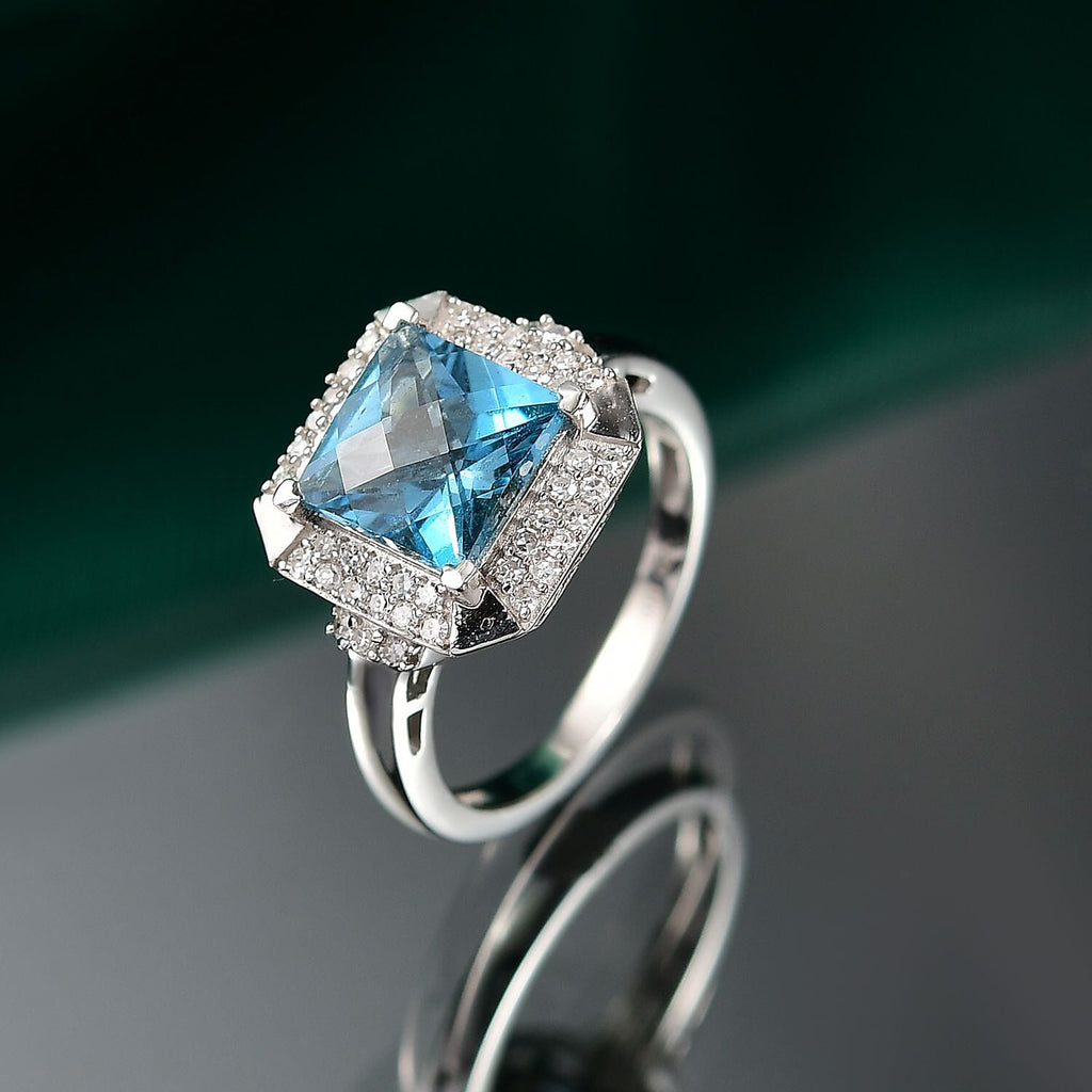 London Blue Topaz & Lab Grown Diamond Ring in Rhodium Overlay Sterling Silver 3.39 Ct.