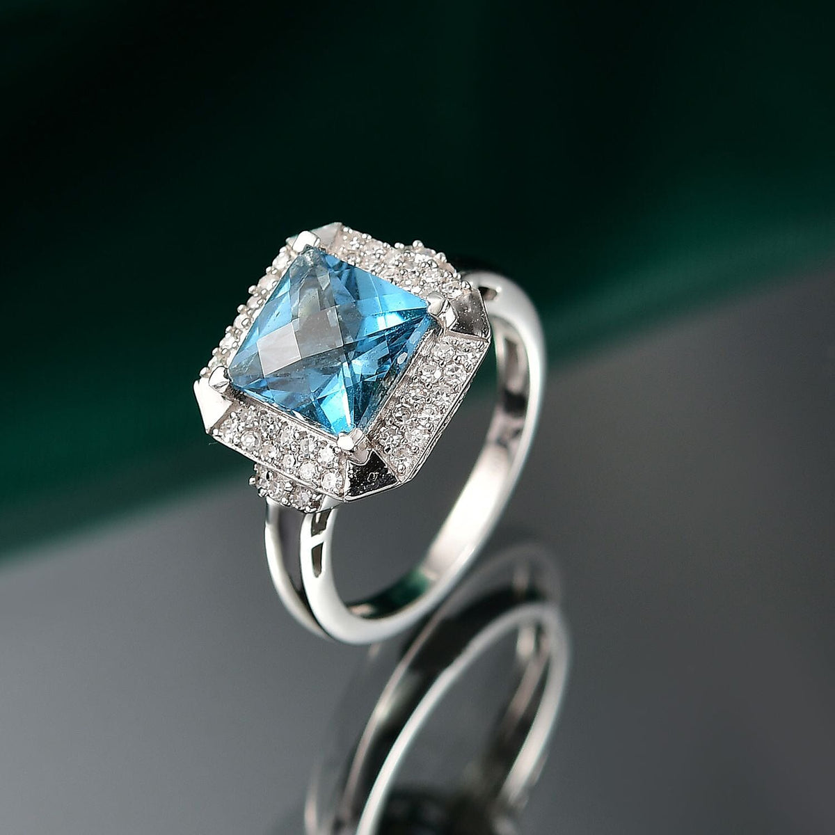LUXURIANT London Blue Topaz, Lab Grown Diamond Halo Ring in Rhodium Overlay Sterling Silver 3.39 Ct. 8189857 1