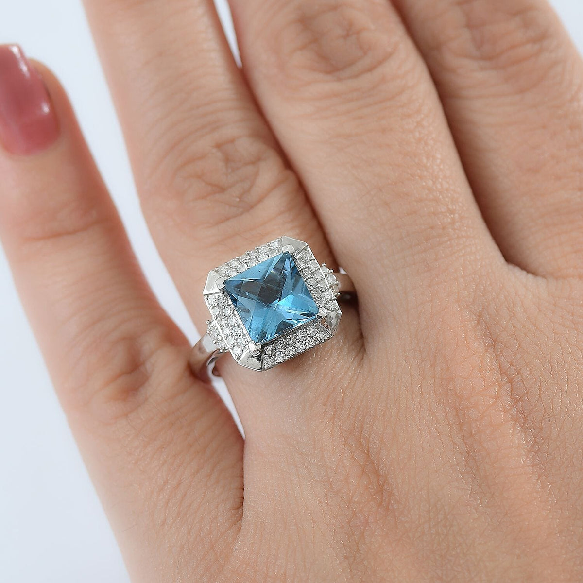 LUXURIANT London Blue Topaz, Lab Grown Diamond Halo Ring in Rhodium Overlay Sterling Silver 3.39 Ct. 8189857 2