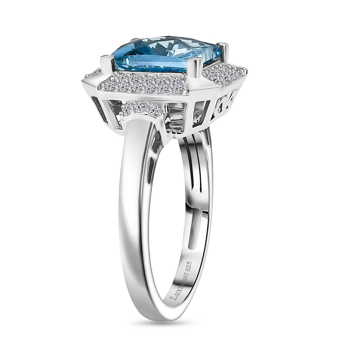 LUXURIANT London Blue Topaz, Lab Grown Diamond Halo Ring in Rhodium Overlay Sterling Silver 3.39 Ct. 8189857 3