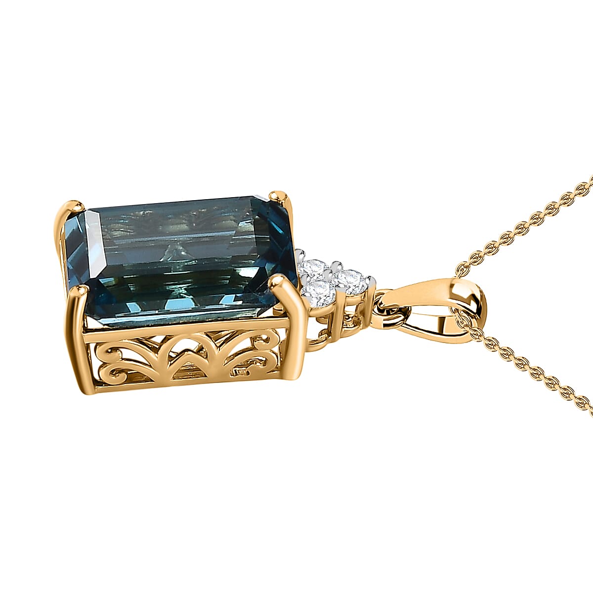 London Blue Topaz &amp; Moissanite Pendant with Chain (Size 20) in 18K Yellow Gold Vermeil Plated Sterling Silver 9.40 Ct. 4212096 4