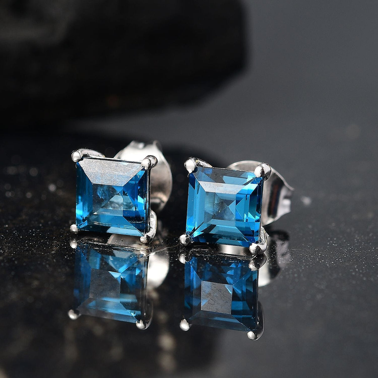London Blue Topaz Solitaire Stud Push Post Earring in Rhodium Overlay Sterling Silver 2.80 Ct. 8186898 2