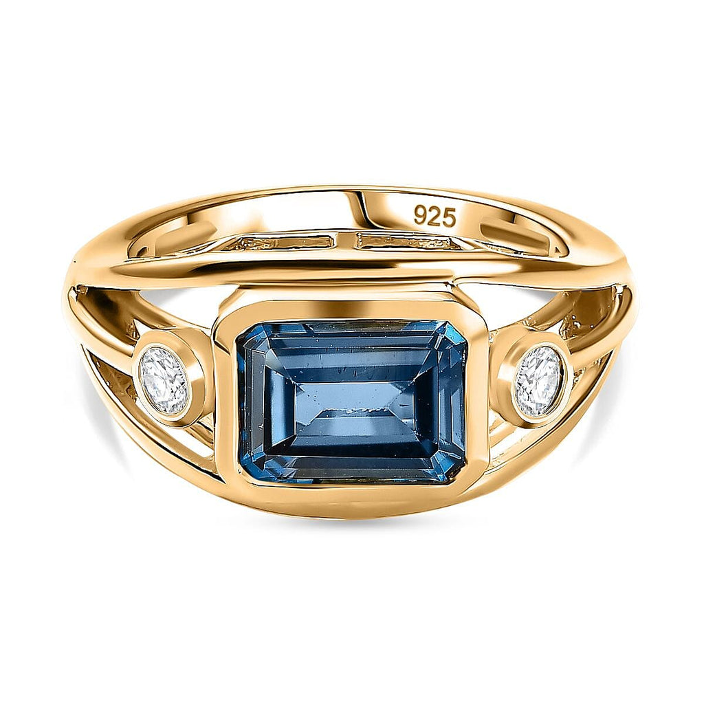 London Blue Topaz & White Zircon Ring in 18K Vermeil Yellow Gold Plated Sterling Silver 3.05 Ct.