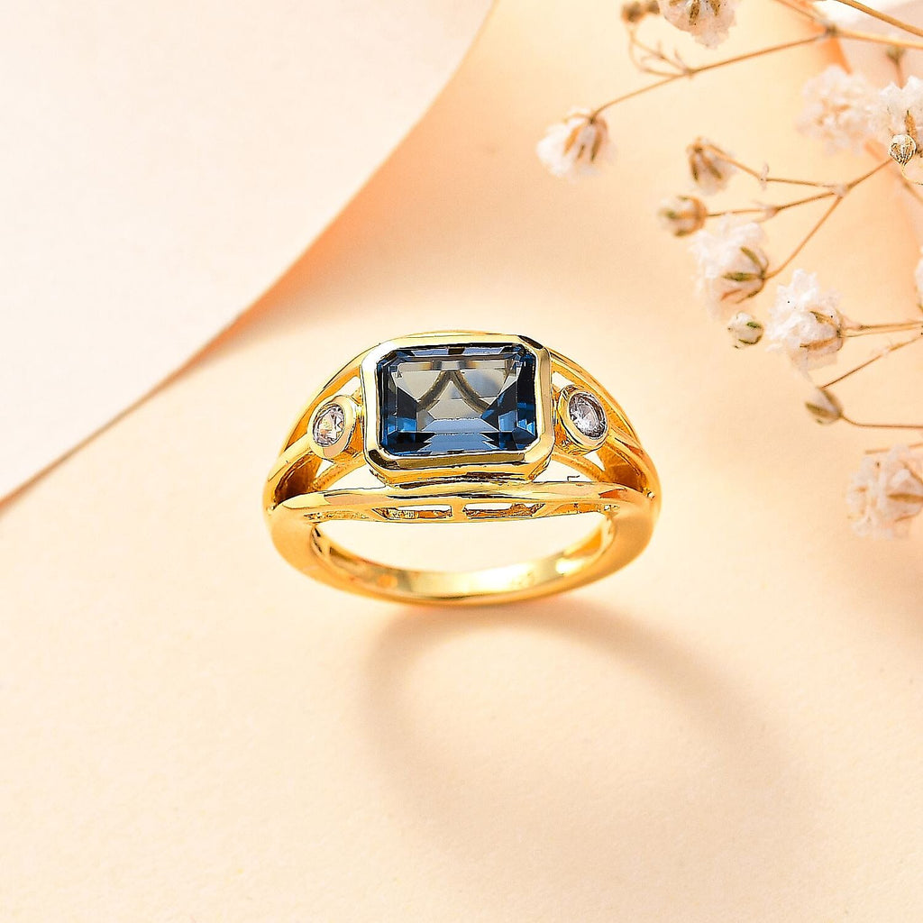 London Blue Topaz & White Zircon Ring in 18K Vermeil Yellow Gold Plated Sterling Silver 3.05 Ct.
