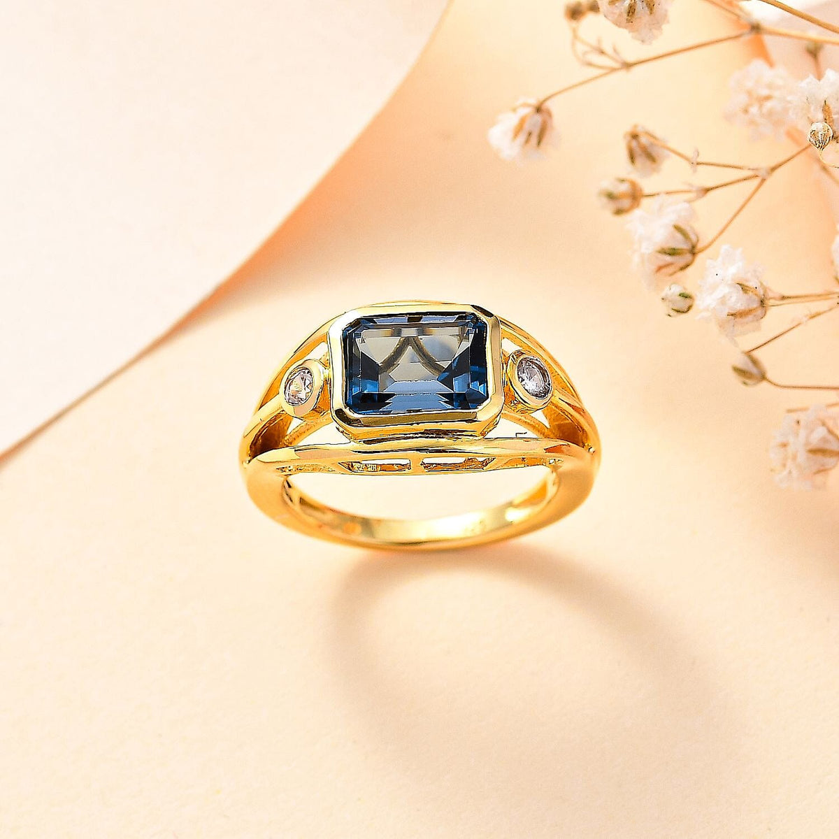 London Blue Topaz, White Zircon Split Shank Ring in Vermeil Yellow Gold Plated Sterling Silver 7758068 1