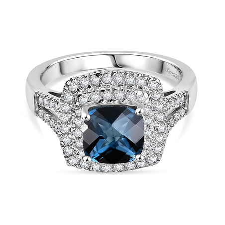 London Blue Topaz, White Zircon Double Halo Ring in Rhodium Overlay Sterling Silver 2.52 Ct. 8181197 1