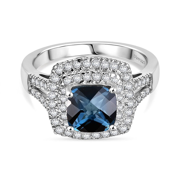 London Blue Topaz, White Zircon Double Halo Ring in Rhodium Overlay Sterling Silver 2.52 Ct. 8181197 1