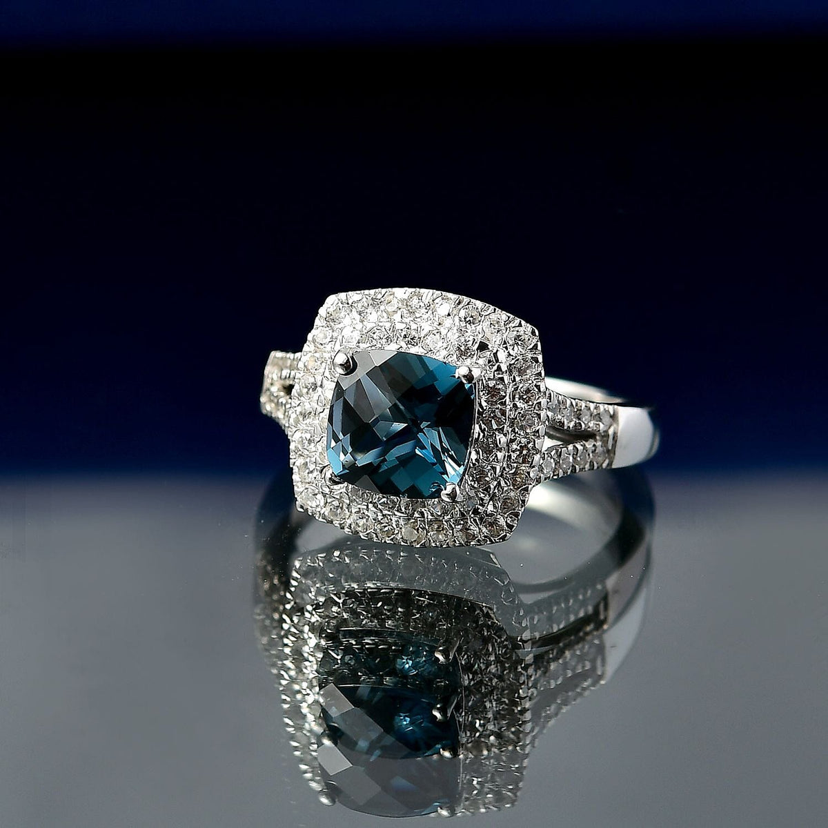 London Blue Topaz, White Zircon Double Halo Ring in Rhodium Overlay Sterling Silver 2.52 Ct. 8181197 2