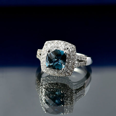 London Blue Topaz, White Zircon Double Halo Ring in Rhodium Overlay Sterling Silver 2.52 Ct. 8181197 2
