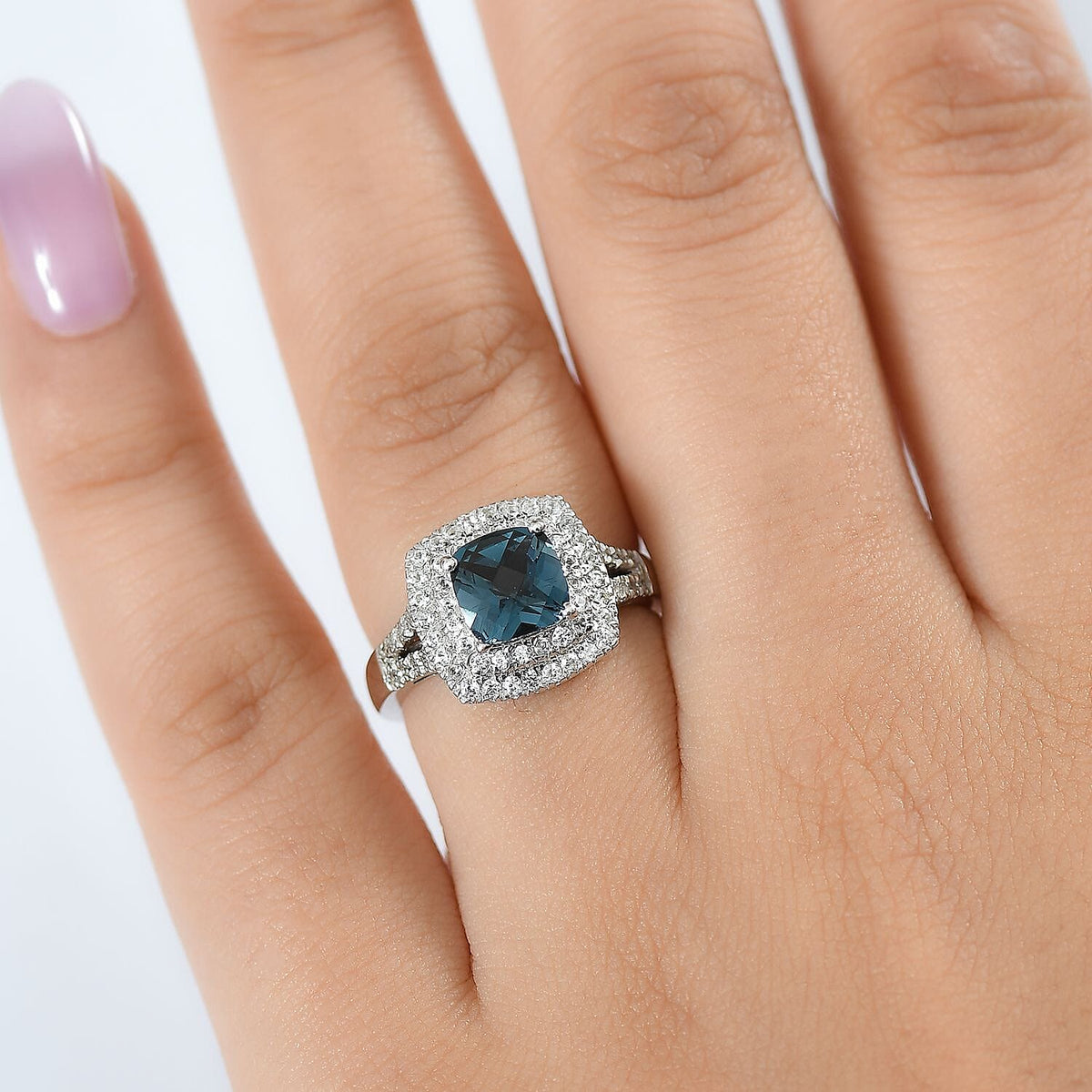 London Blue Topaz, White Zircon Double Halo Ring in Rhodium Overlay Sterling Silver 2.52 Ct. 8181197 3