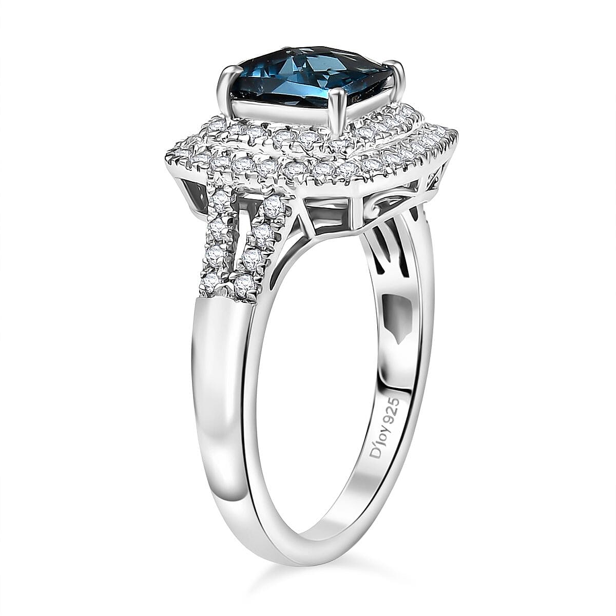 London Blue Topaz, White Zircon Double Halo Ring in Rhodium Overlay Sterling Silver 2.52 Ct. 8181197 4