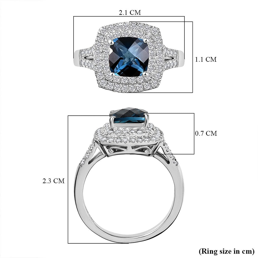London Blue Topaz & White Zircon Ring in Rhodium Overlay Sterling Silver 2.52 Ct.