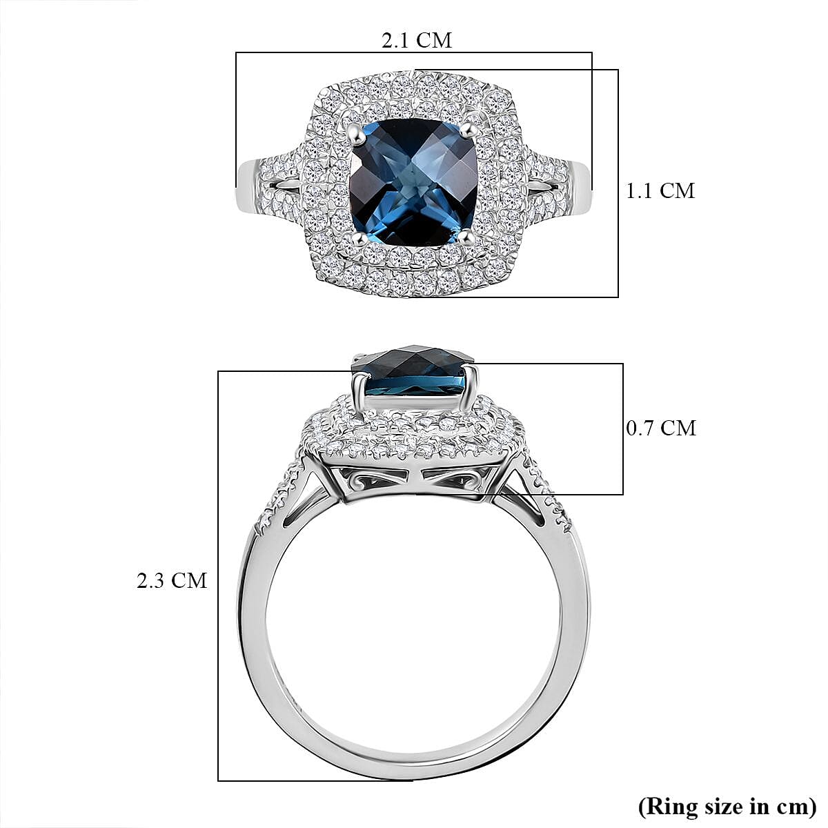 London Blue Topaz, White Zircon Double Halo Ring in Rhodium Overlay Sterling Silver 2.52 Ct. 8181197 6